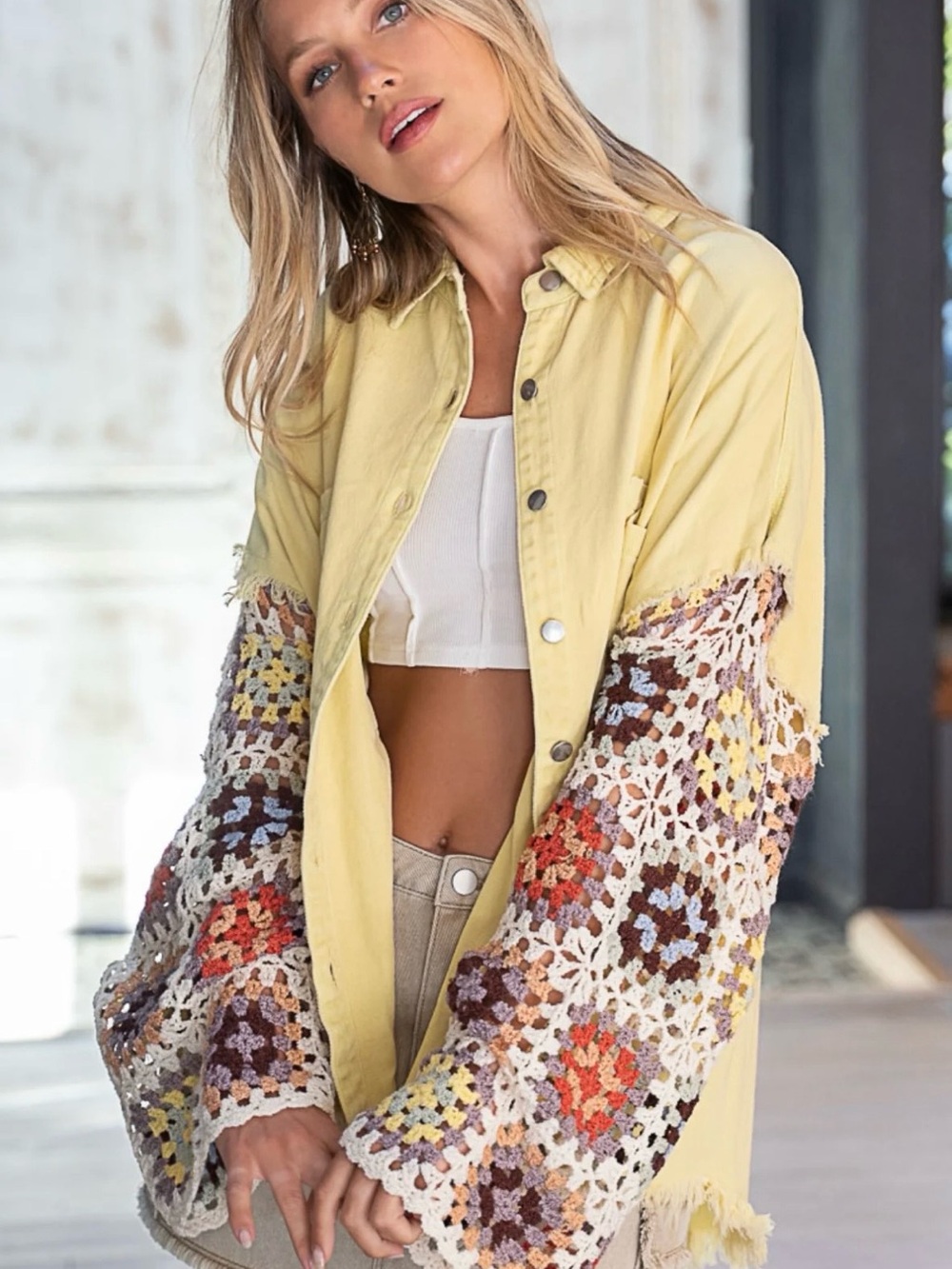 New. Lemonade Twill Shacket w/
Crochet Sleeves